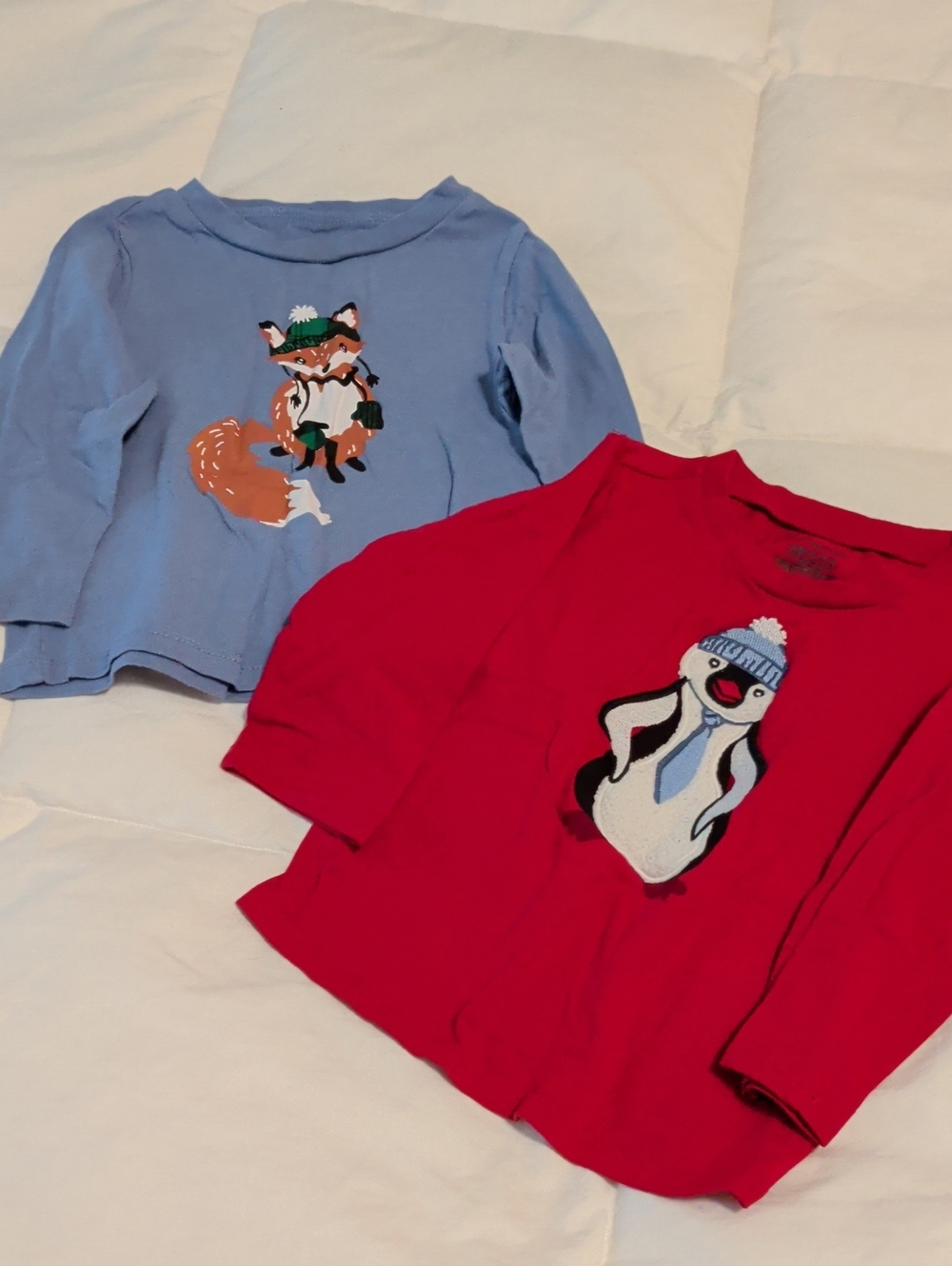Kids Long Sleeve Fox & Penguin Graphic Tops - Blue & Red